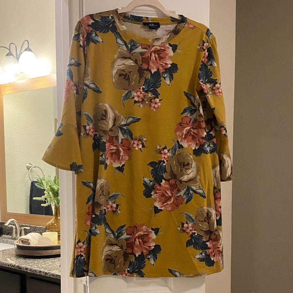 Mustard Floral Shift Dress with Flutter Sleeves
